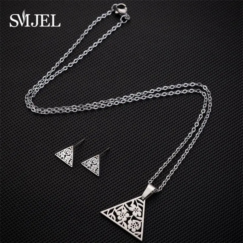 SMJEL Jewelry Sets Boho Flower Triangle Earrings Vintage Tibetab Retro Necklace Women Art Deco Pendant Chain Collares Gifts