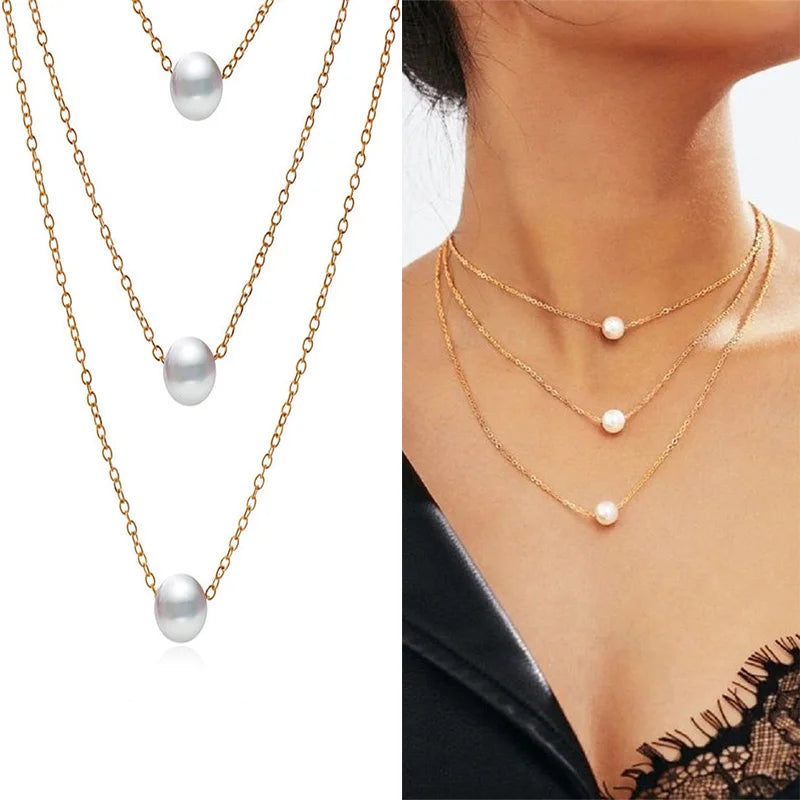 New Korean Pearl Necklaces for Women Gold Color Link Chain Choker Fashion Neck Accessories Elegant Collar bijoux femme