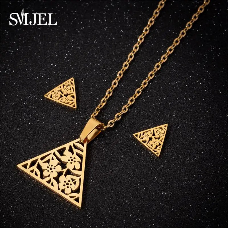 SMJEL Jewelry Sets Boho Flower Triangle Earrings Vintage Tibetab Retro Necklace Women Art Deco Pendant Chain Collares Gifts