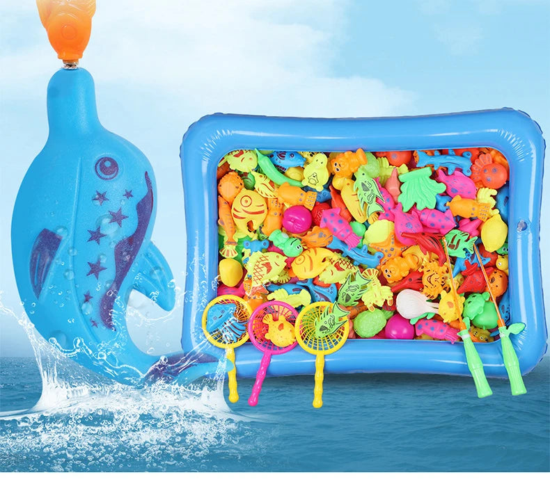 Kids' Fishing Toy Set Play Water Toys for Baby Magnetic Rod and Fish with Inflatable Pool Outdoor Sport Toys for Children