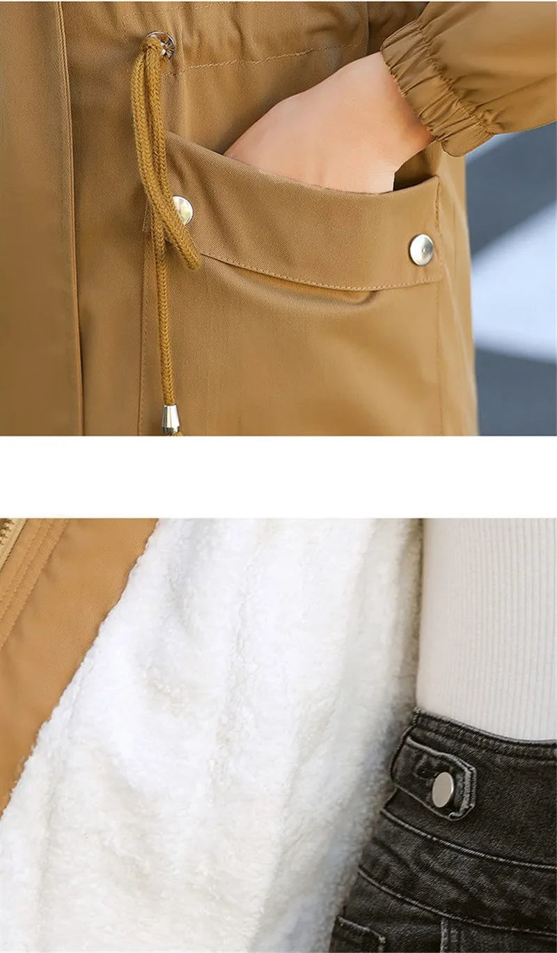 Windbreaker Women Jackets New Winter Mid-Length Loose Coat Hooded Lace-UP Female Jacket Plus Velvet Warm Outwear Ladies Outcoat