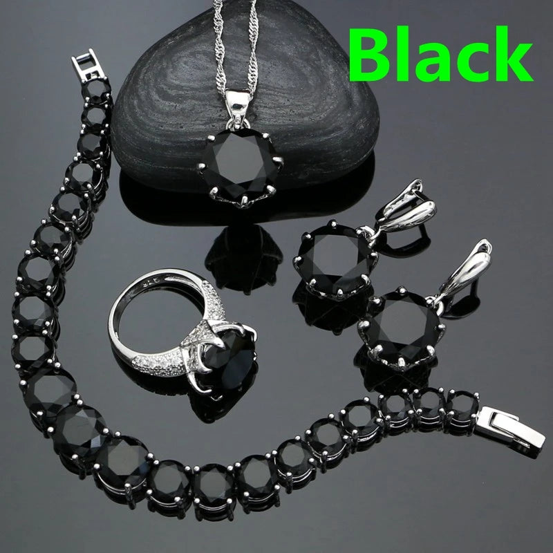 Punk Silver Jewellery Silver 925 Jewelry Sets for Women Black Cubic Zirconia Earrings/Pendant/Necklace/Ring/Bracelet
