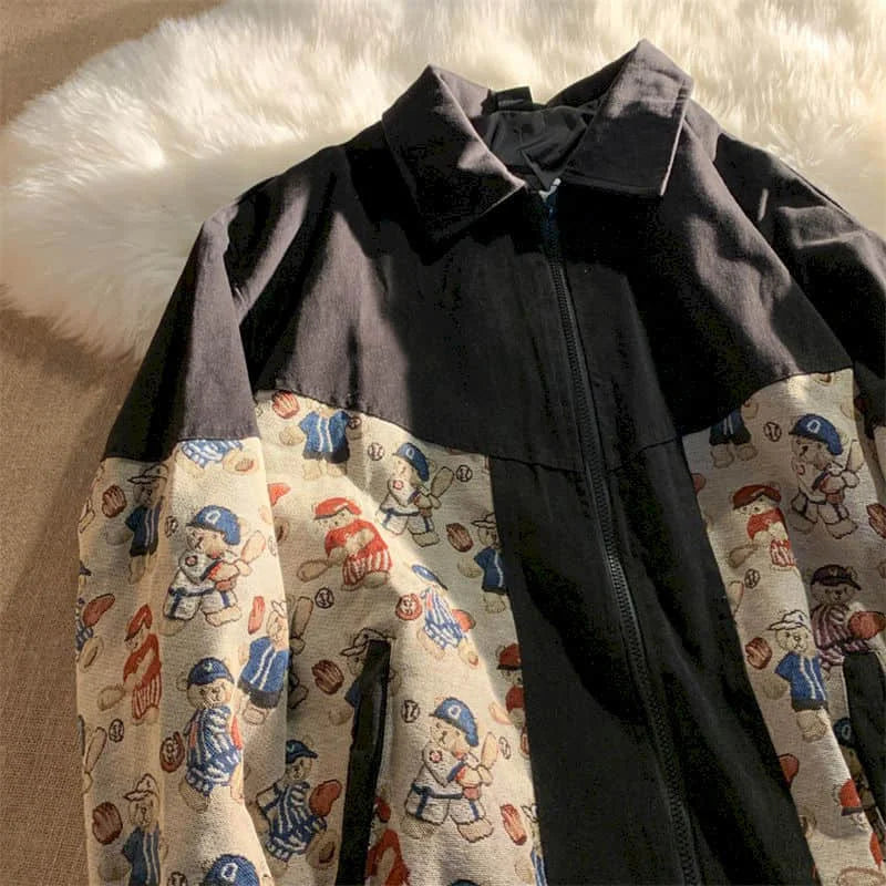 Woman Jacket Design Sense Niche Stitching Bear Print Jacket Men Women Spring Autumn Loose Retro Baseball Uniform Cardigan Ins