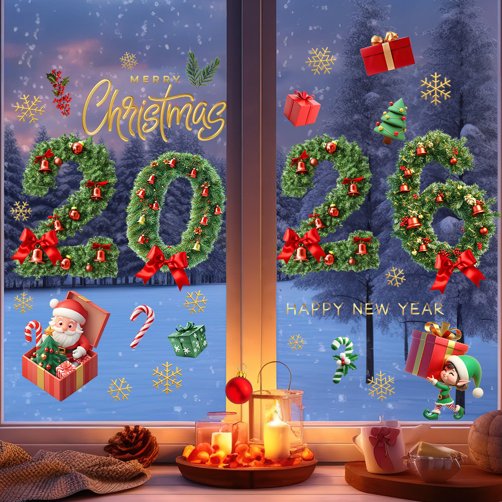 Christmas Glass Stickers Wooden House Pine Nut Sticker Glass Wall Decor Merry Christmas 2025 Stickers Happy New Year 2026