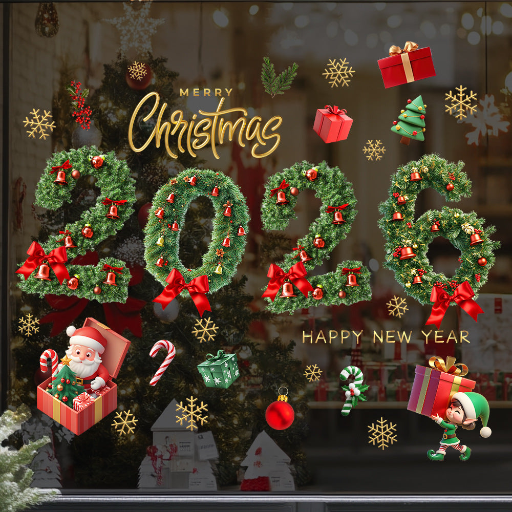 Christmas Glass Stickers Wooden House Pine Nut Sticker Glass Wall Decor Merry Christmas 2025 Stickers Happy New Year 2026