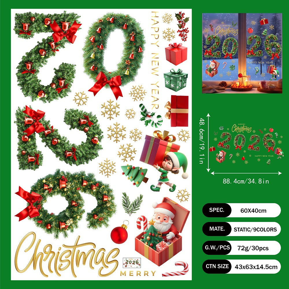 Christmas Glass Stickers Wooden House Pine Nut Sticker Glass Wall Decor Merry Christmas 2025 Stickers Happy New Year 2026