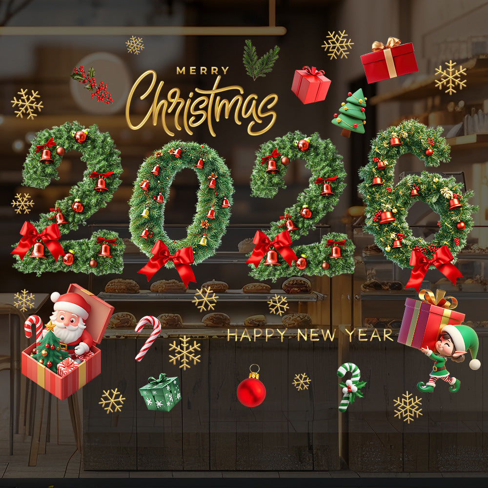 Christmas Glass Stickers Wooden House Pine Nut Sticker Glass Wall Decor Merry Christmas 2025 Stickers Happy New Year 2026