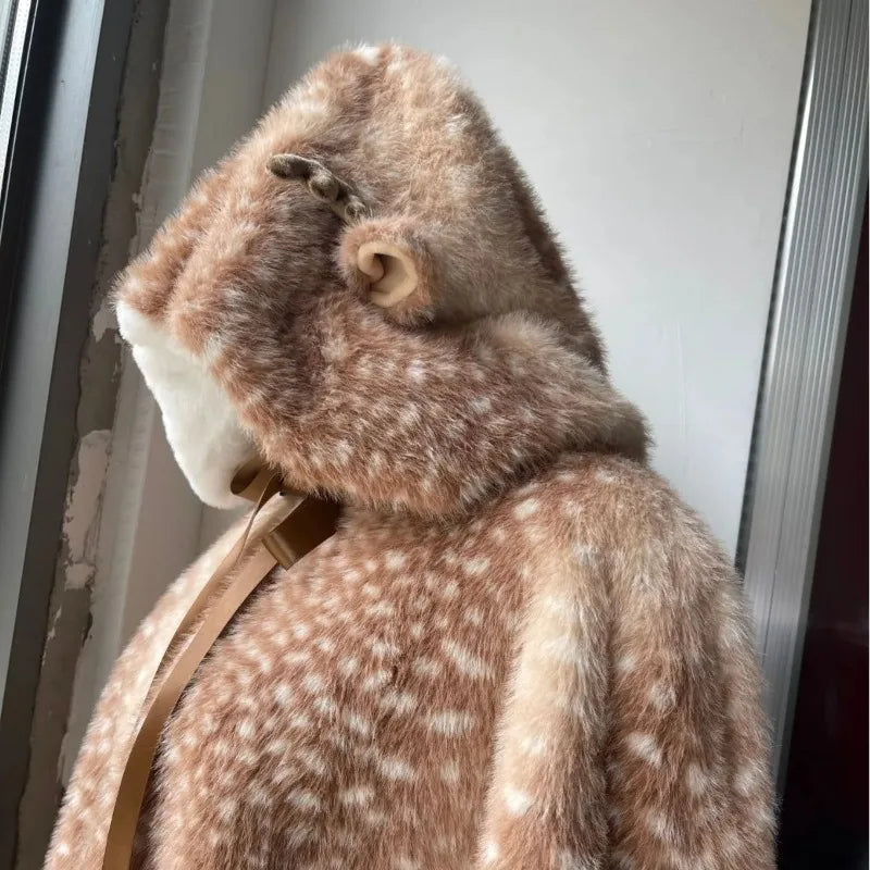 Winter Women's Japanese Plush Cute Printed Deer Dot Christmas Cloak Thickened Kawaii Deer Windproof Elk Shawl Jacket