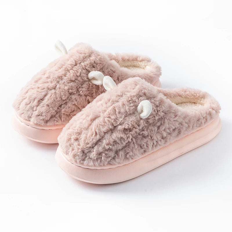 Winter Home Slippers Men Shoes Cute Cartoon Flat Platform Slippers Women Warm Plush Slides Indoor Bedroom Non-Slip Floor Slipper