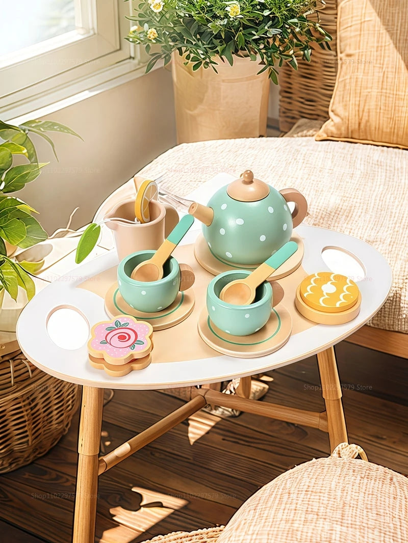 Kids Wooden Afternoon Tea Set Toys Kitchen Accessories Tea Party Food Play Early Educational Toys for Toddlers Girls Boys Gifts