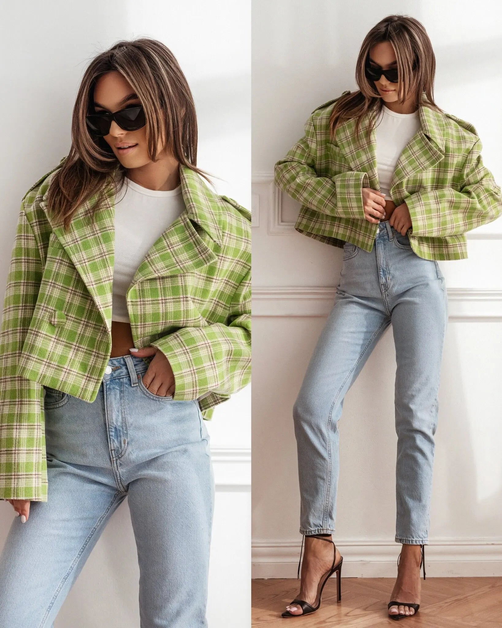 Women's fashion British suit collar plaid printed woolen jacket loose and casual personalized and fashionable temperament