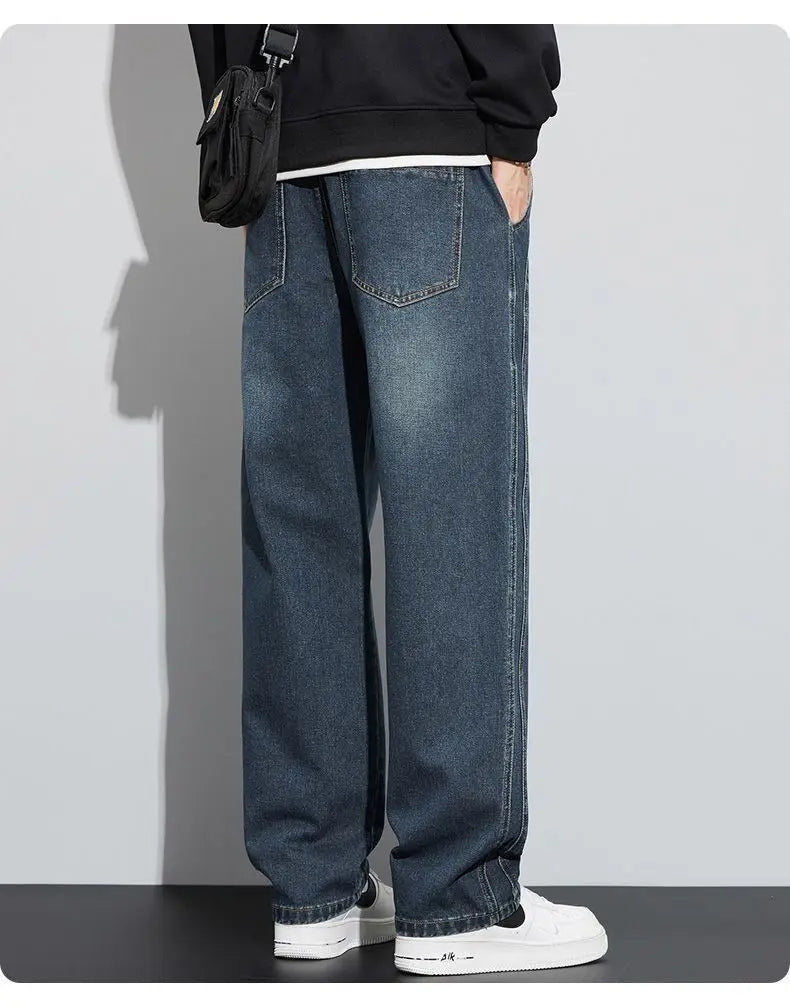Retro American Wide Leg Men's Jeans Thiened Fce Lined Loose Fit Autumn Winter Wear Resistant Long Trousers Casual Cotton...