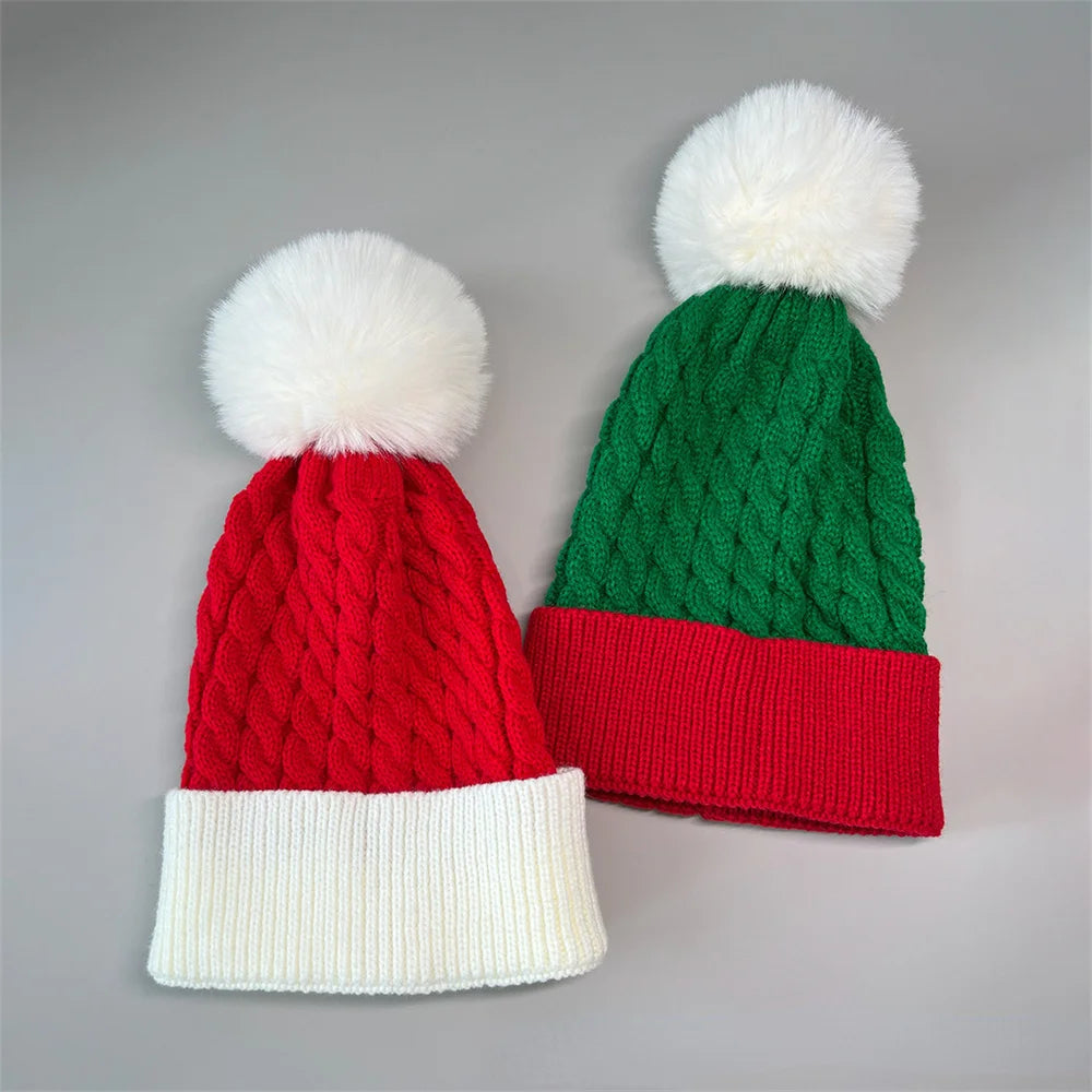 Winter Fur Pom Poms Hat Winter Hat For Adult Kids Hat Knitted Beanies Cap Hat Thick Christmas Xmas Santa  Skullies Beanies