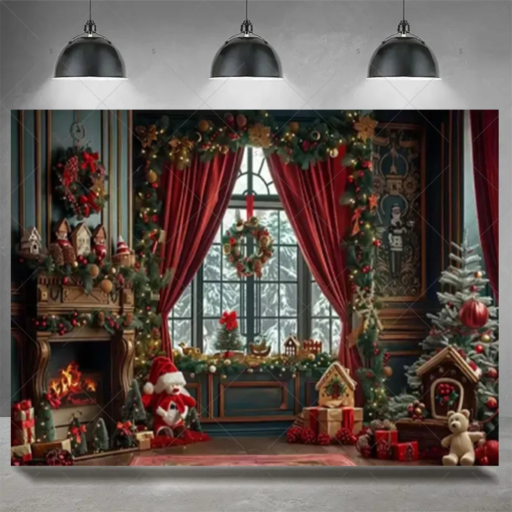 Christmas Party Decoration Winter Fireplace Xmas Tree Background Baby Shower Supplies Banner Photo Prop Backdrop Children Gift