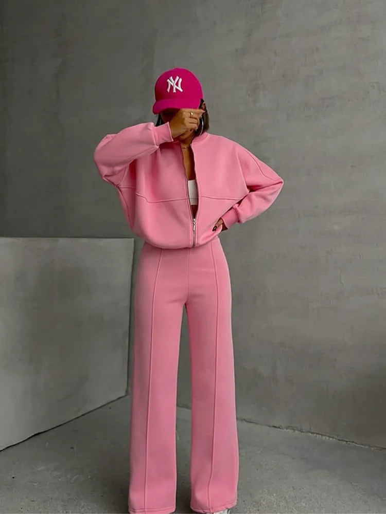 Women Sweatsuit Set Vintage O-neck Zipper Bomber Jackets High Waist Loose Pants Suit Female 2025 Spring Fashion Lady Sportswear