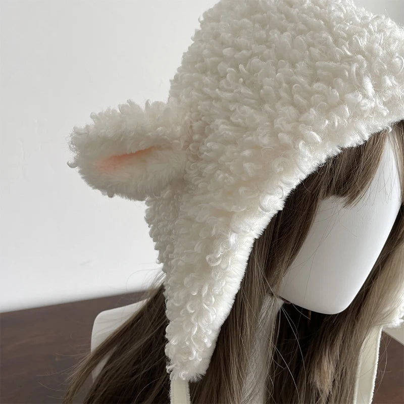 Winter White Plush Sheep Warm Hat Lolita Set Women's Outdoor Cute Leg Warmer Earmuffs Jk Cosplay Clothing Fashion Accessories