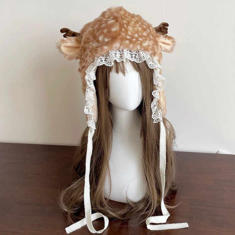 Winter Deer Hat Kawaii Lace Plush Reindeer Furry Boots Socks Cover Gothic Cap Leg Warmers Performance Costume Bomber Hats