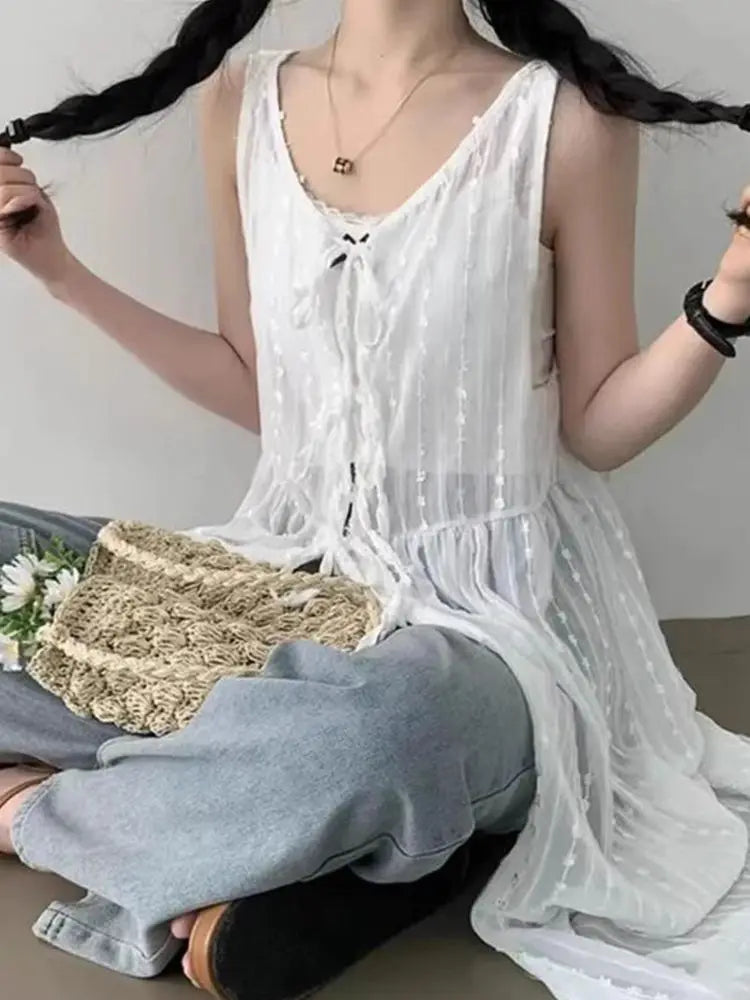 Embroidered Dress for Women in Summer Thin Lace up Layered Vest Long Cover Skirt