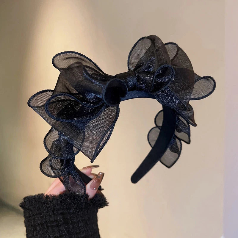 Women Originality Ruffled Edge Stylist Accessories Hair Hoop Fashion Korea Retro Black Mesh Big Bow Headband Hair Accessories