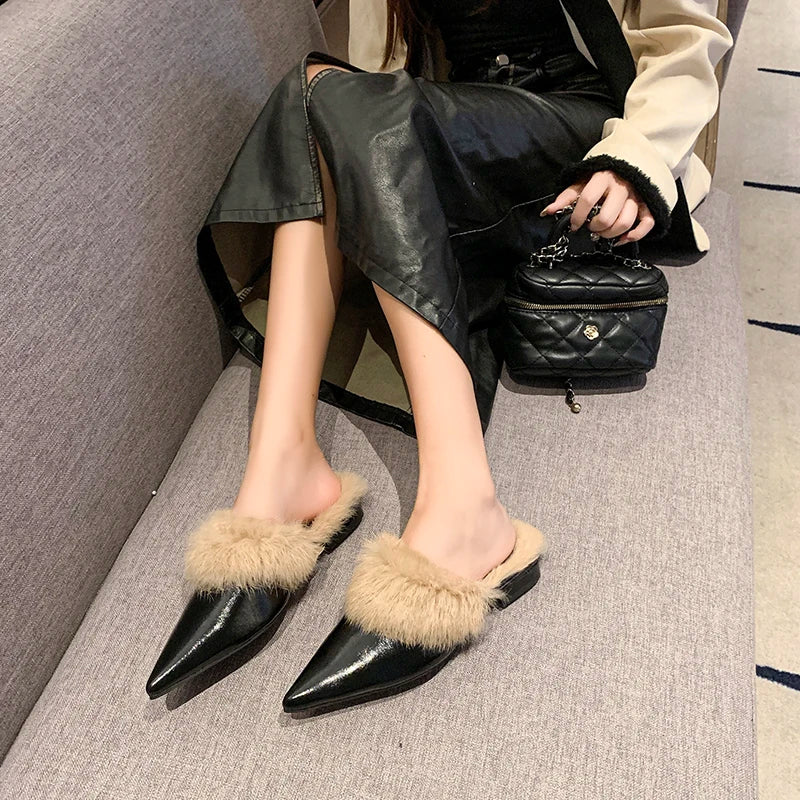 2025 New Shoes for Women House Slippers Platform Fur Flip Flops Slides Loafers Cover Toe Low Plush New Flat Basic Женская Обувь