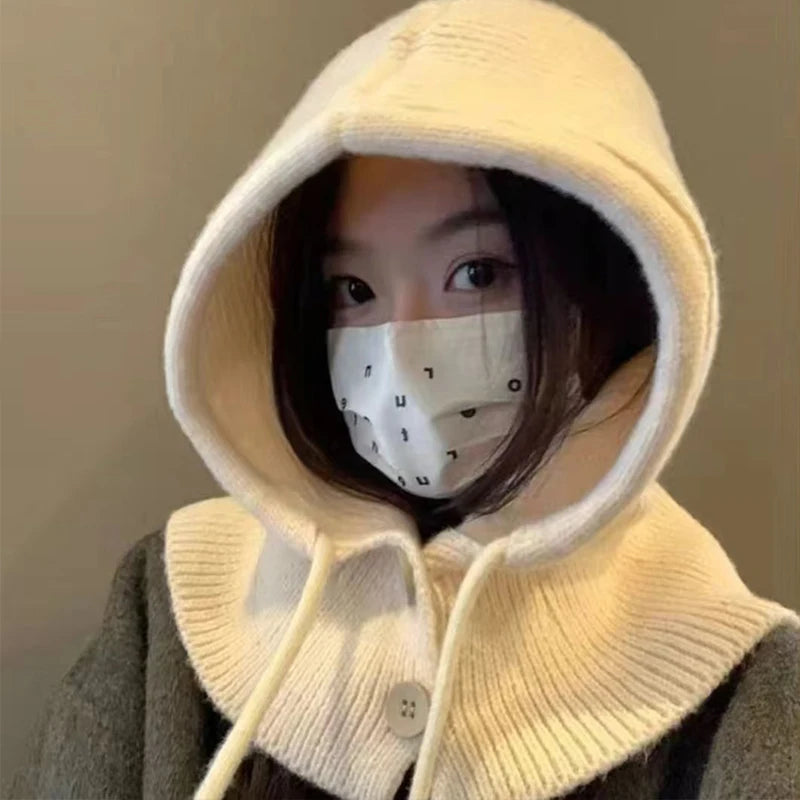 Fashion Winter Hats Scarf Set Wool Knitted Hooded Caps Balaclava Neck Warmer Scarf Shawl Gothic Pullover Hat Beanies Bonnet