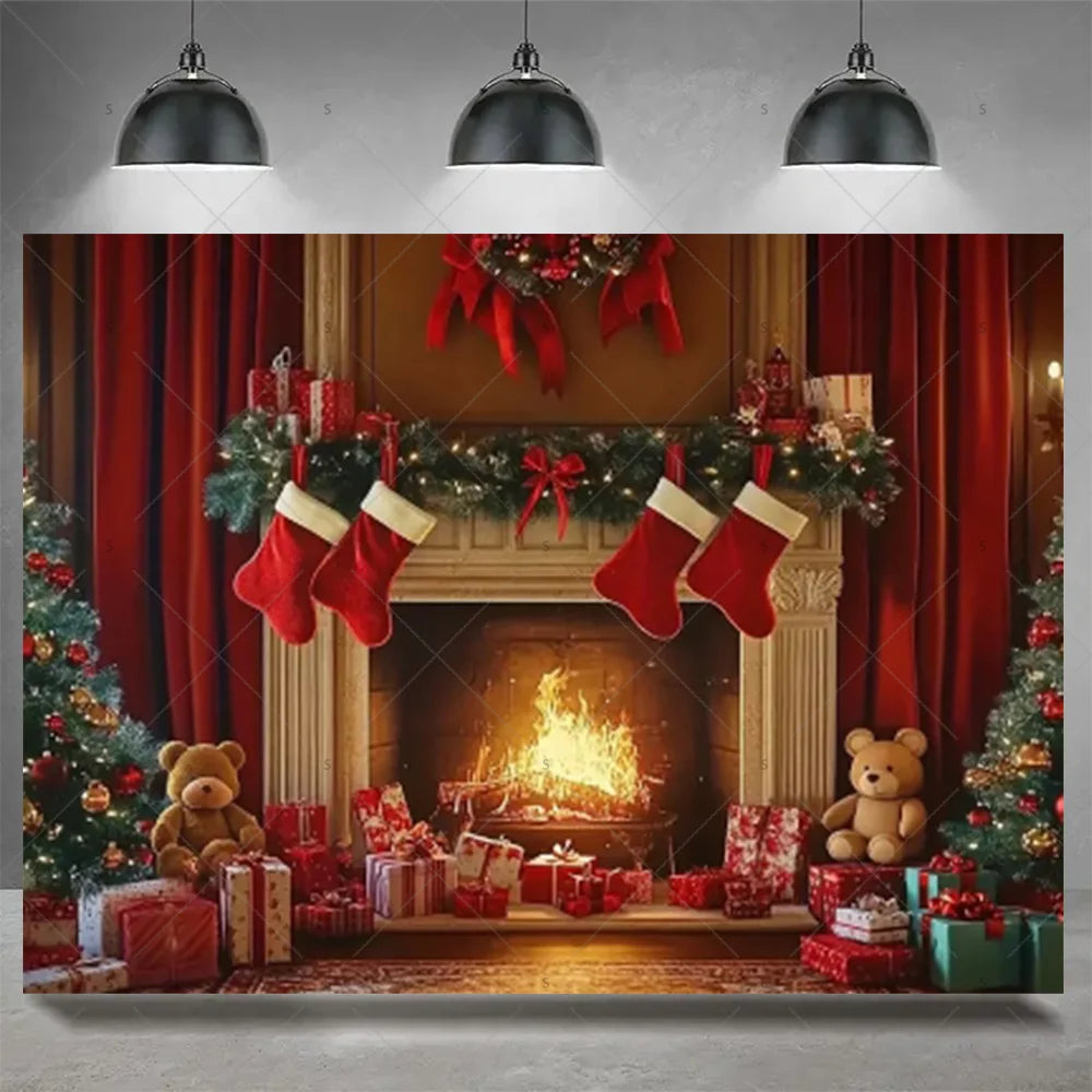 Christmas Party Decoration Winter Fireplace Xmas Tree Background Baby Shower Supplies Banner Photo Prop Backdrop Children Gift