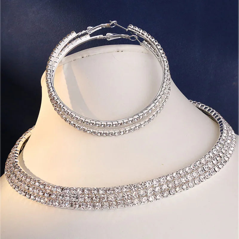 Fashion Crystal Necklace Earrings Set For Women Shining Chunky Necklace Big Hoop Earrings Sets Jewellery Women Wedding  Jewelry