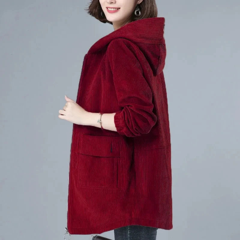 Corduroy Jacket For Women Autumn New Korean 5XL Casual Hooded Middle-aged Mother Windbreaker Coat  2189