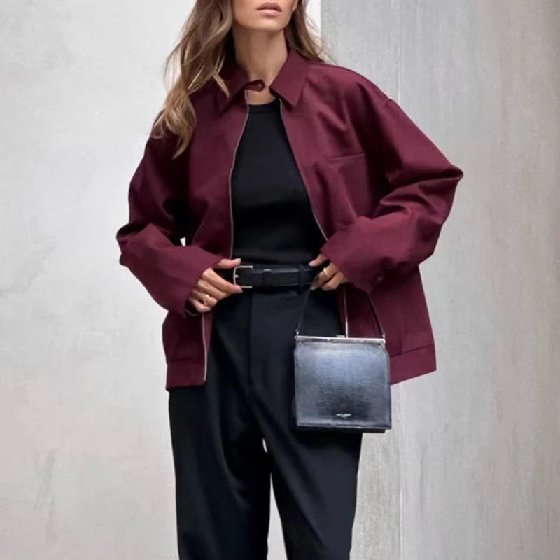 MUJER Zipper Bomber Jackets for Women Fall Outerwears Overcoat Female Long Sleeve Loose Jacket Women Coats Retro Women's Jacket