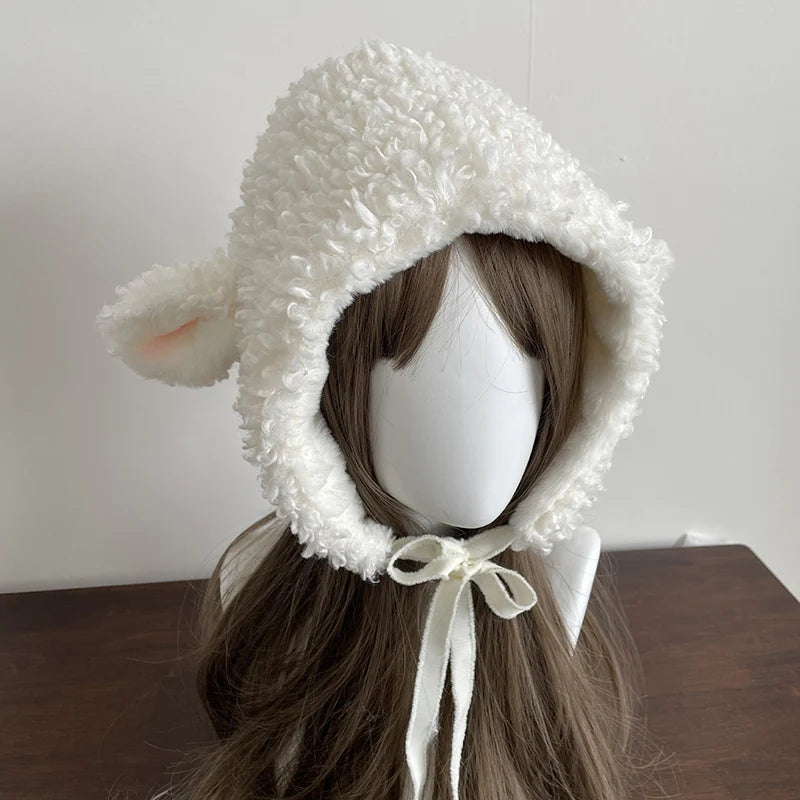 Winter White Plush Sheep Warm Hat Lolita Set Women's Outdoor Cute Leg Warmer Earmuffs Jk Cosplay Clothing Fashion Accessories