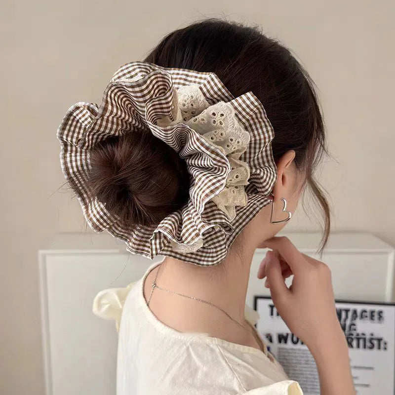 Women Large Lace Scrunchies Vintage Plaid Hair Bands Ponytail Holder Tie Hair Hoop Scrunchy Rubber Band Women Hair Accessories