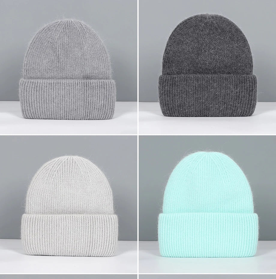 Winter Hats For Women Rabbit Fur Beanie Hat Woman Knitted Skullies Beanies Solid Wool Soft Autumn Winter Cashmere Caps Bonnet