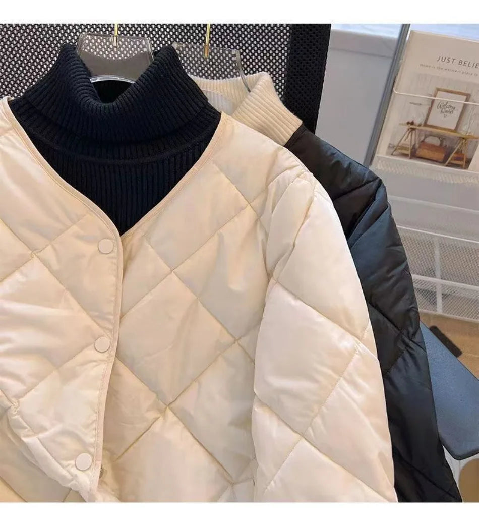 New in Winter Cotton-Padded Jacket for Women New Versatile Lightweight Rhombus Plaid Cotton-Padded Jacket Simple and Stylish