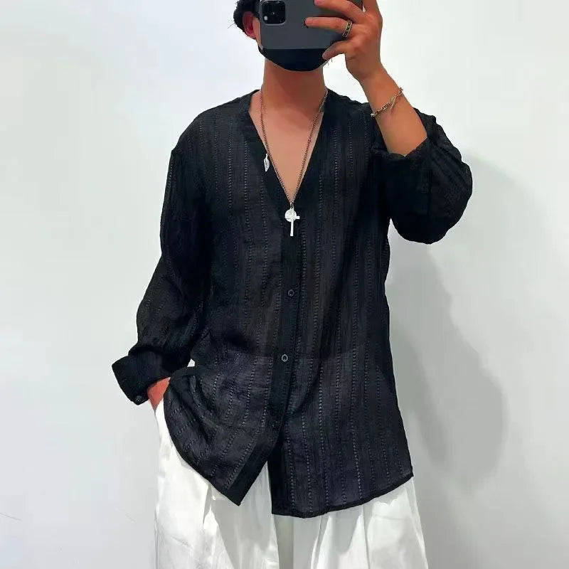 Mens Shirts Spring New Fashion Lace Long Sleeve Loose Casual T-shirt for Men