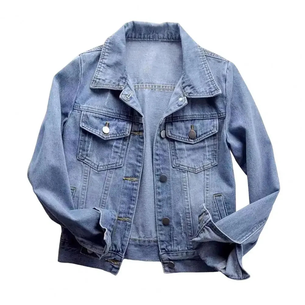 Women Denim Jacket Single-breasted Chest Flap Pocket Jacket Long Sleeve Slim Short Coat Retro Ladies Denim Jackets Outerwear