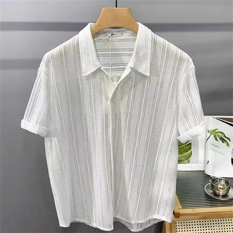 Men's Tops Hollow Short-sleeve Shirt Men Summer Thin Trendy Handsome French Light Luxury Drape Hawaiian Shirts