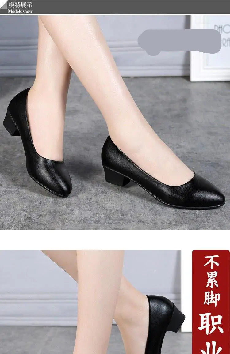 Spring Work Shoes Black Professional Women High Heels Shoes Pumps Low-heeled Leather Office Career Formal Women Shoes