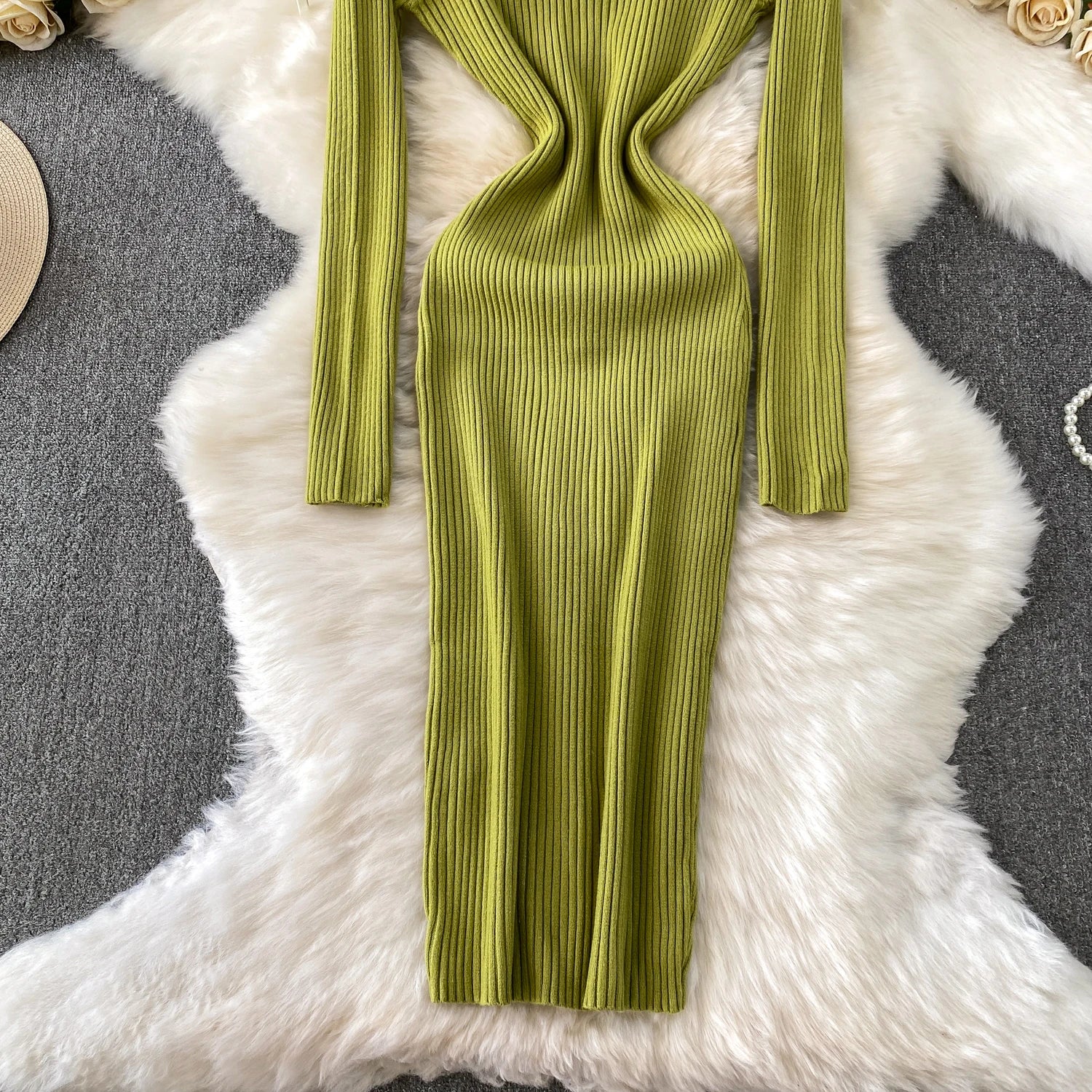 Women Winter Turtleneck Knittign Dress Stretch Slim Long Sleeve Soft Knitwear Dresses Female Casual Lining Simple Bottom Vestido