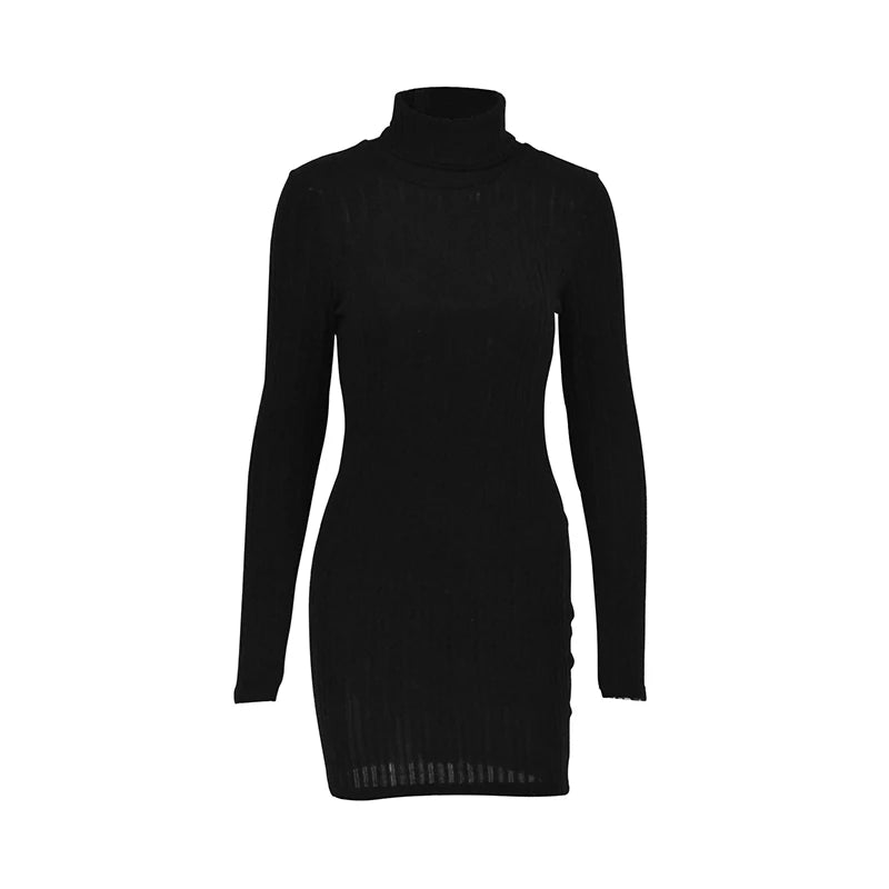 Autumn Winter New Dresses Women Long Sleeves Turtleneck Solid Sexy Bodycon Sheath Mini Dress Club Elegant Party Knitted Dresses