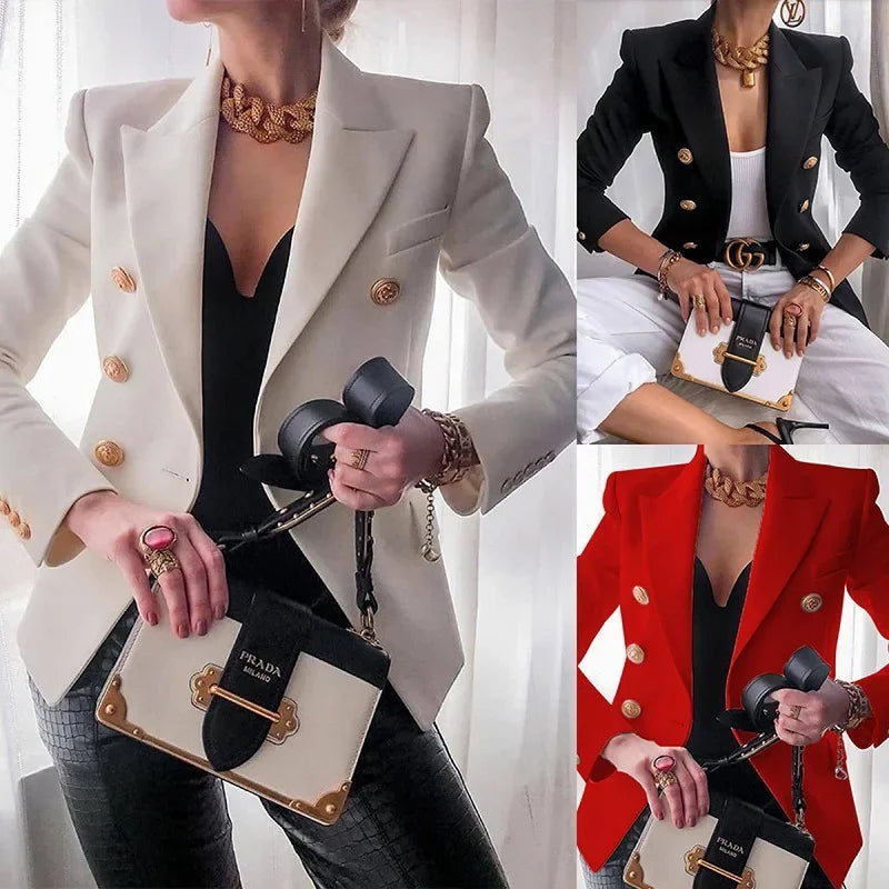 women suits jacket Women's Notched Lapel Double Breasted Blazer Suit Long Sleeve Buttons Casual Work Office Jacket Blazers