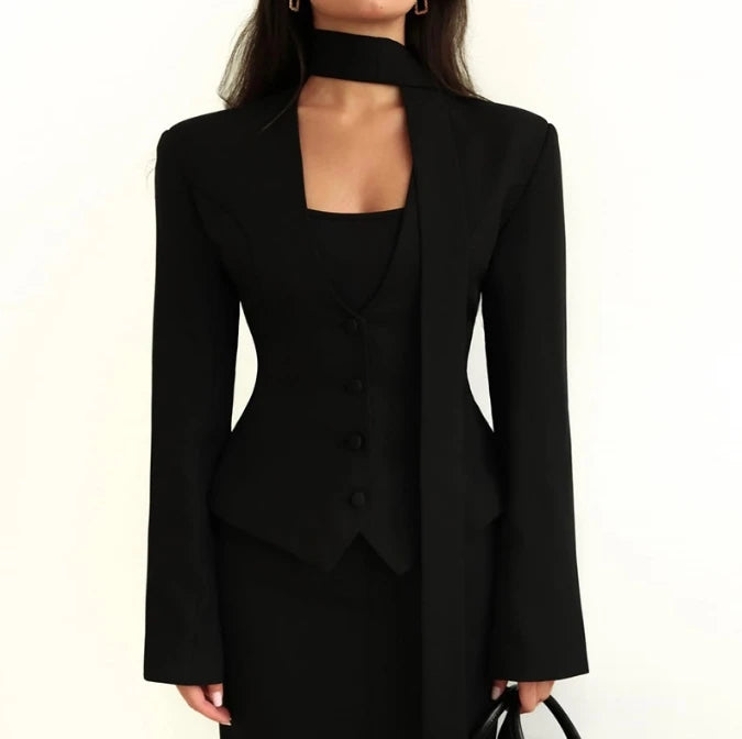 Women's Jacket 2025 Spring New Fashionable Solid Color V-Neck Scarf Decor Elegant Temperament Long Sleeved Casual Blazer Jacket