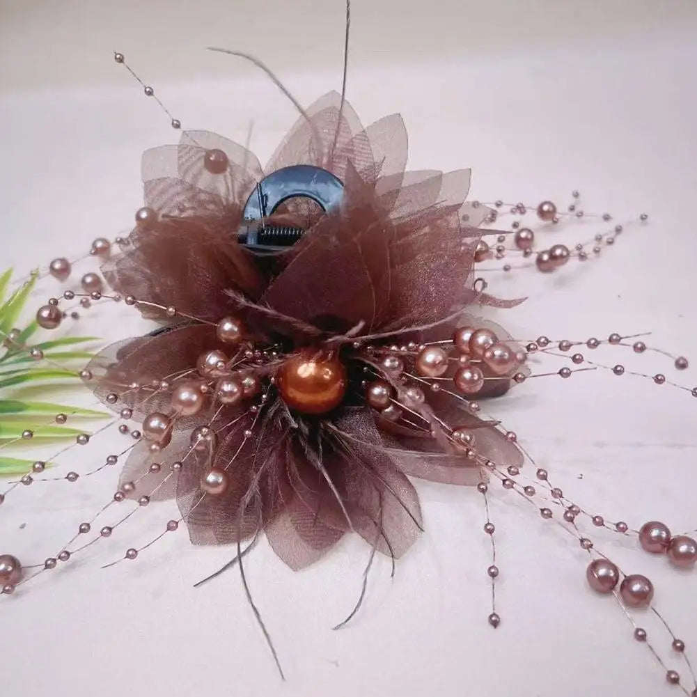Women Fashion Hair Accessories Girls Flower Hair Claw Pleated Organza Pearls Black Feather Grip Shark Hair Clip Female Headwear
