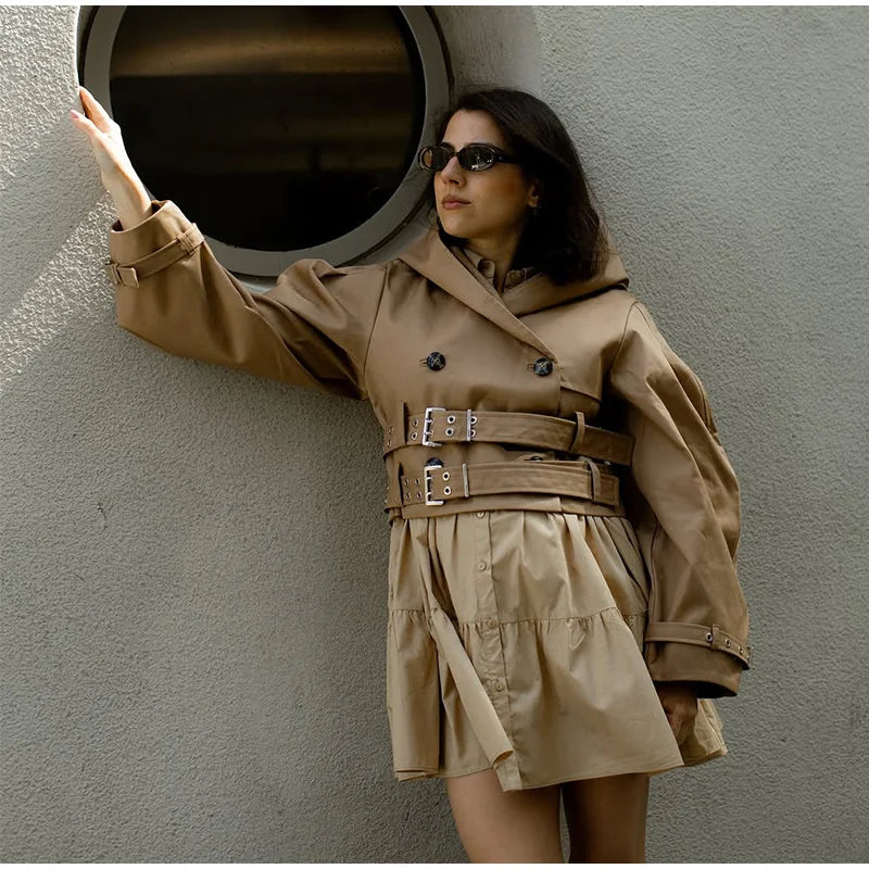 Women's Jacket Chic Double Belt Hooded Full Sleeve Button Female Female Jackets 2025 Autumn Fashion High Street Lady Outwears