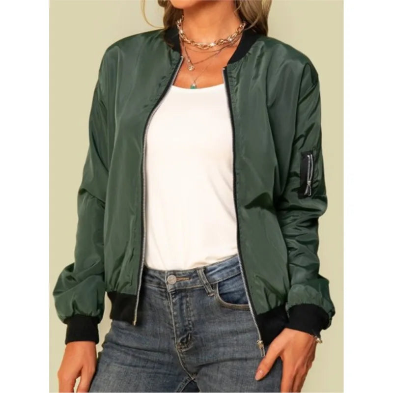 Women Fashion Casual Jacket 2025 Autumn Solid Color Spring Coat Long Sleeve Stand Collar Zipper Basic Women Motorcycle Jackets