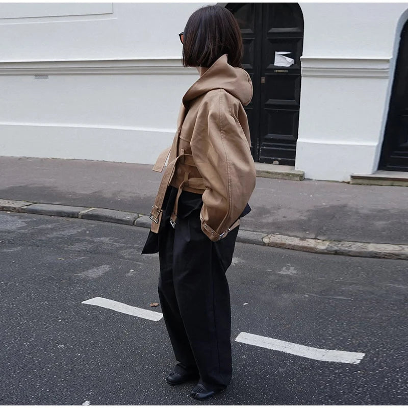 Women's Jacket Chic Double Belt Hooded Full Sleeve Button Female Female Jackets 2025 Autumn Fashion High Street Lady Outwears