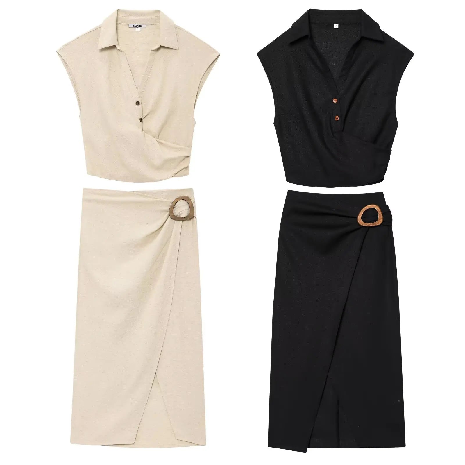 2025 New Women's Suit Summer Suit Casual Simple Multifunctional Pleated Lapel Sleeveless Short Top Paired with Buckle Slit Skirt