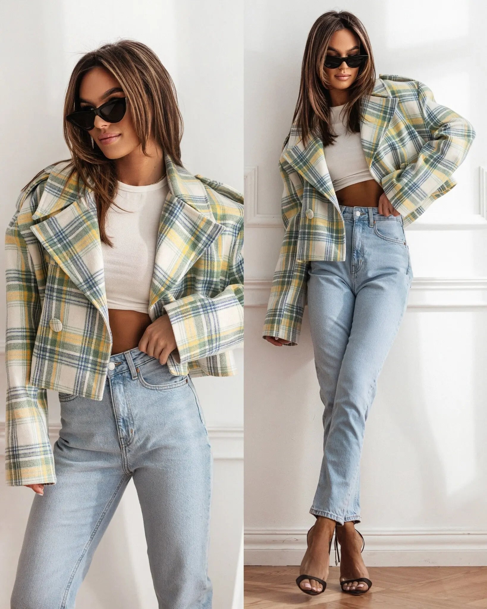 Women's fashion British suit collar plaid printed woolen jacket loose and casual personalized and fashionable temperament