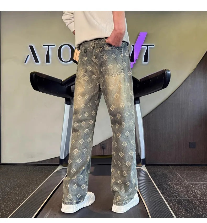 Light Blue Full Print Jacquard Jeans for Men, Niche Design, Curved Knife Pants, American High Street Vibe Straight Leg Pants