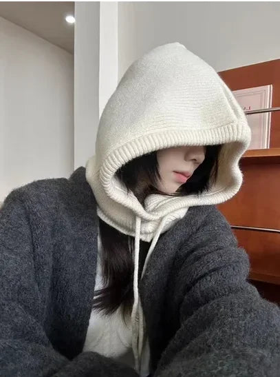 Winter Balaclava Hats For Men&Women Unisex Knitted Hooded Caps Outdoor Warmer Drawstring Hats One-Piece Neck Collar Beanies Cap