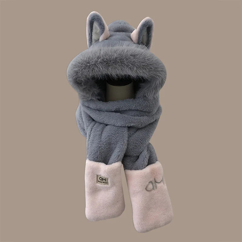 Winter Ears Warm Furry Skiing Scarf Gloves One-piece Hat Children